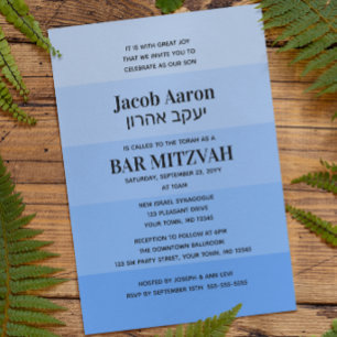 Shades of Blue Hebrew Name Bar Mitzvah Invitation