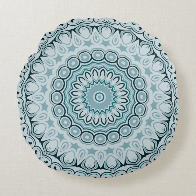 Shades of Blue Kaleidoscope Flowers Design Round Pillow (Front)