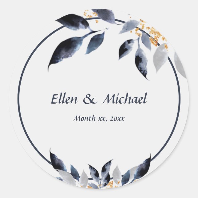 Shades of Blue Leaves with Gold, Wedding  Classic Round Sticker (Front)