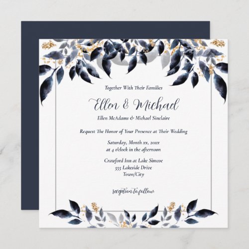 Shades of Blue Leaves with Gold Wedding Invitation