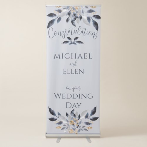 Shades of Blue Leaves with Gold Wedding Retractable Banner