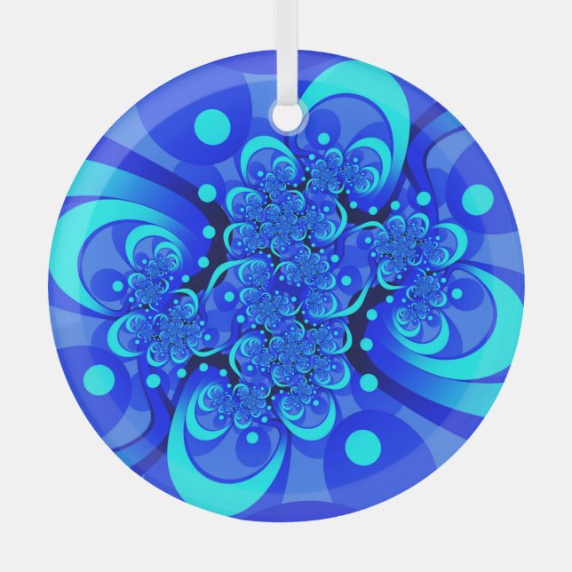 Shades of Blue Modern Abstract Fractal Art Glass Ornament (Front)