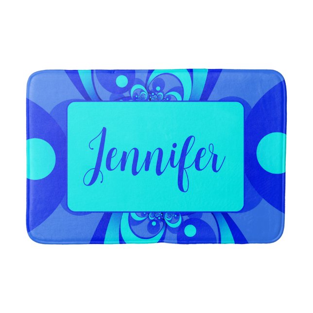 Shades of Blue Modern Abstract Fractal Art Name Bath Mat (Front)