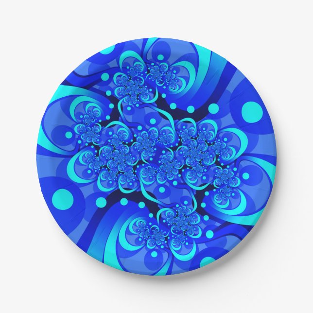 Shades of Blue Modern Abstract Fractal Art Paper Plates (Front)