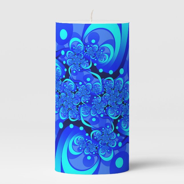 Shades of Blue Modern Abstract Fractal Art Pillar Candle (Front)