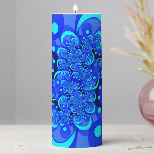 Shades of Blue Modern Abstract Fractal Art Pillar Candle (In Situ)