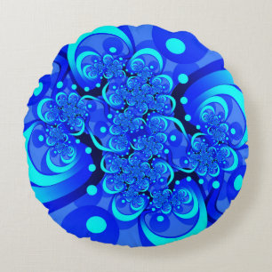 Shades of Blue Modern Abstract Fractal Art Round Pillow
