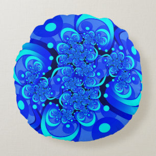Shades of Blue Modern Abstract Fractal Art Round Pillow