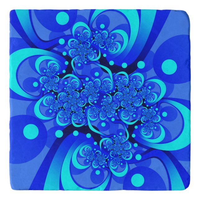 Shades of Blue Modern Abstract Fractal Art Trivet (Front)