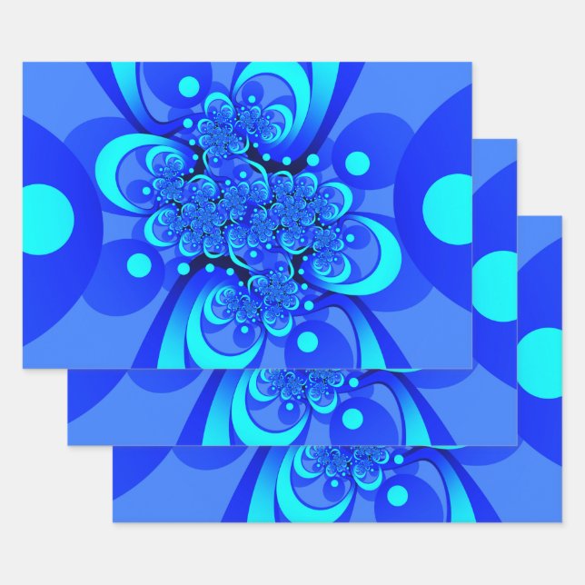 Shades of Blue Modern Abstract Fractal Art Wrapping Paper Sheets (Set)