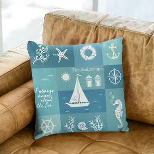 Shades of Blue Nautical Beach House  Throw Pillow