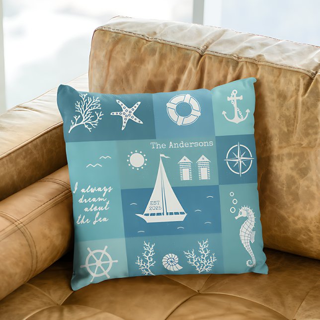 Shades of Blue Nautical Beach House  Throw Pillow (Creator Uploaded)