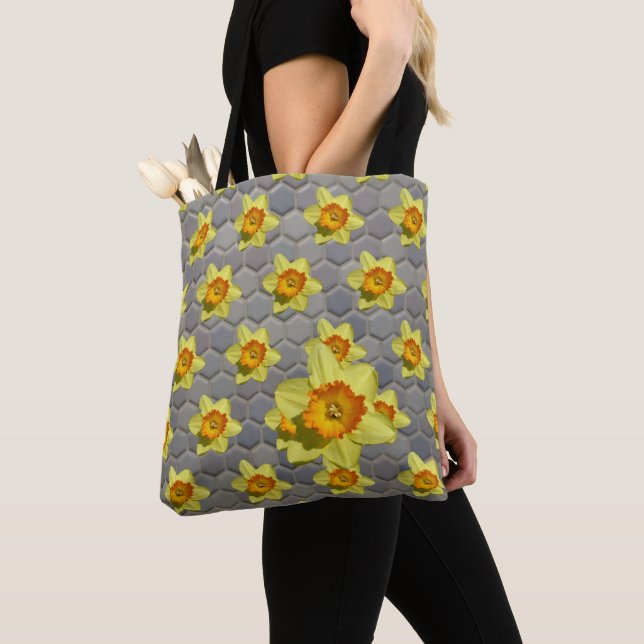 Shades of Blue Patern Daffodils Tote Bag (Close Up)