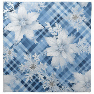 SHADES  OF BLUE PLAID WITH WINTER FLOWERS CLOTH NAPKIN