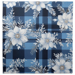 SHADES  OF BLUE PLAID WITH WINTER FLOWERS CLOTH NAPKIN