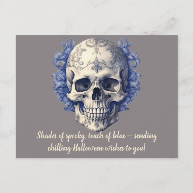 Shades of Blue Pretty and Creepy Skull Halloween Holiday Postcard (Front)