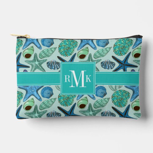 Shades Of Blue Seashells And Starfish Pattern Accessory Pouch