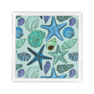 Shades Of Blue Seashells And Starfish Pattern Acrylic Tray