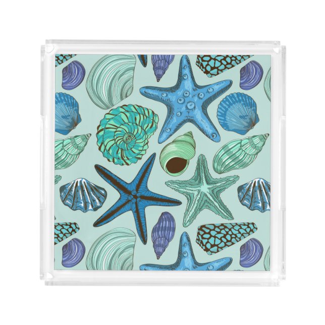 Shades Of Blue Seashells And Starfish Pattern Acrylic Tray (Front)