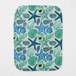 Shades Of Blue Seashells And Starfish Pattern Baby Burp Cloth