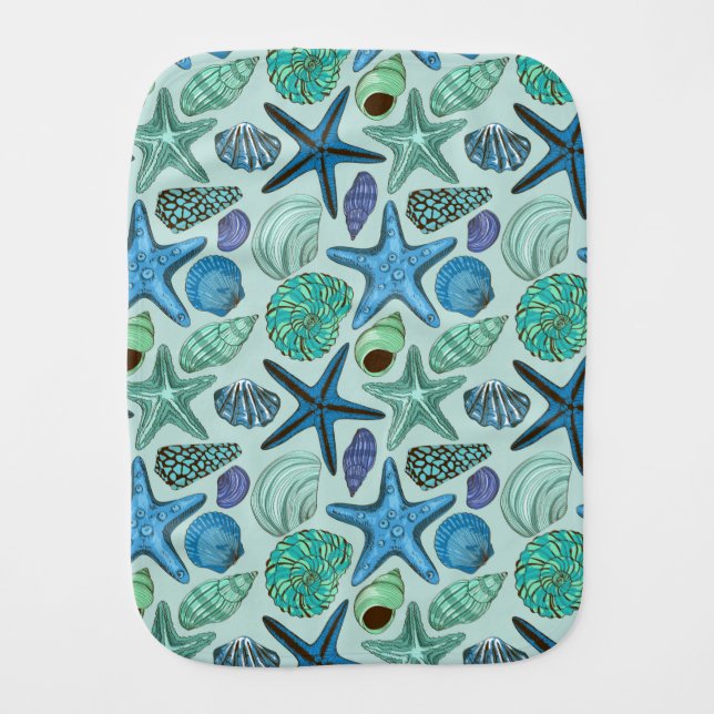 Shades Of Blue Seashells And Starfish Pattern Baby Burp Cloth (Front)