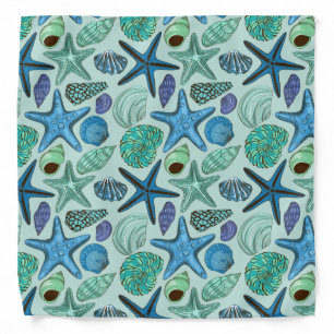 Shades Of Blue Seashells And Starfish Pattern Bandana