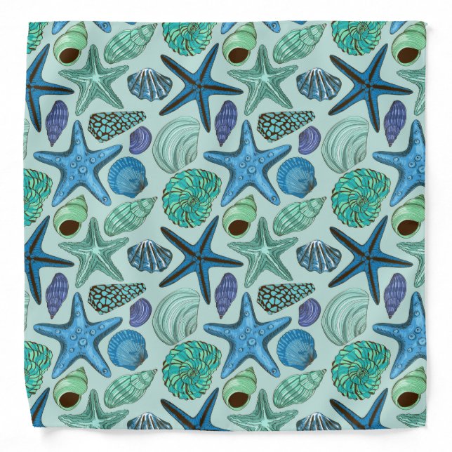Shades Of Blue Seashells And Starfish Pattern Bandana (Front)
