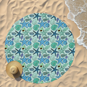 Shades Of Blue Seashells And Starfish Pattern Beach Towel
