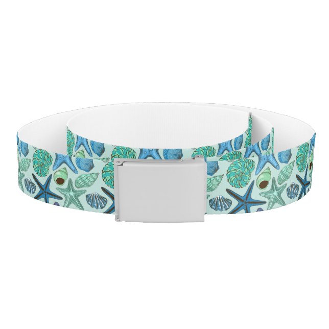 Shades Of Blue Seashells And Starfish Pattern Belt (Coil)