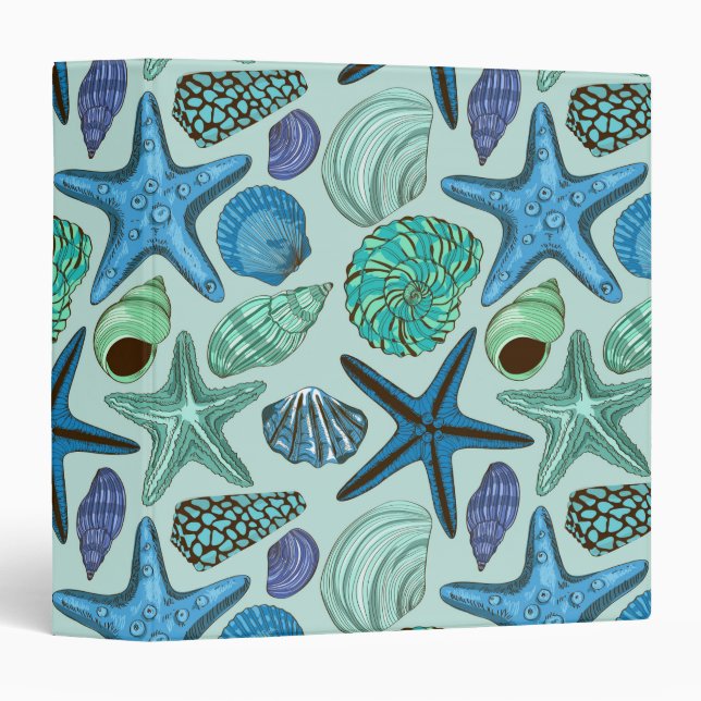 Shades Of Blue Seashells And Starfish Pattern Binder (Front/Spine)