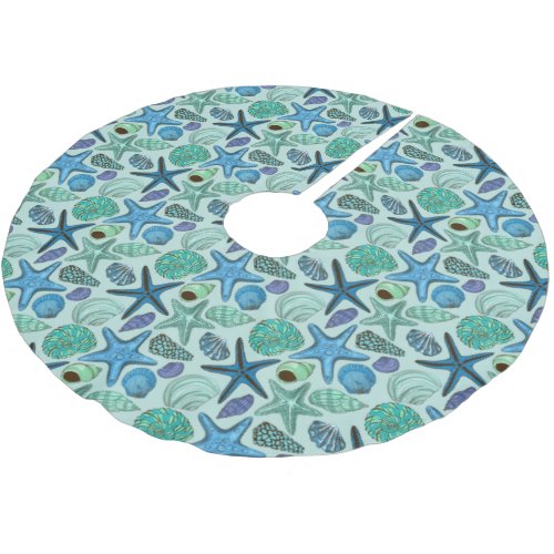 Shades Of Blue Seashells And Starfish Pattern Brushed Polyester Tree Skirt