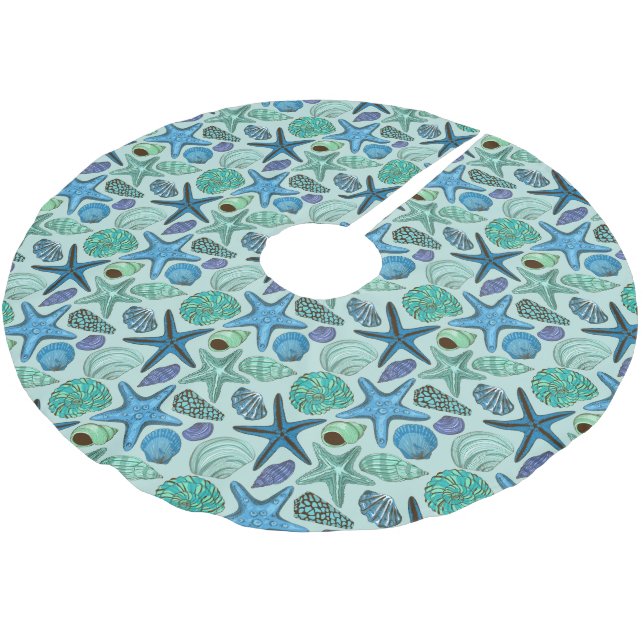 Shades Of Blue Seashells And Starfish Pattern Brushed Polyester Tree Skirt (Angled)