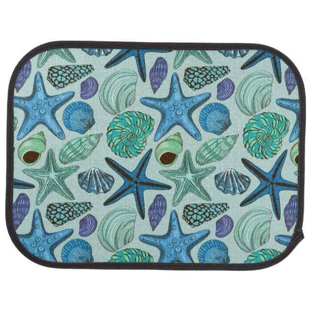 Shades Of Blue Seashells And Starfish Pattern Car Floor Mat (Rear)
