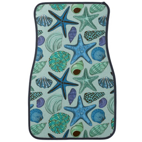 Shades Of Blue Seashells And Starfish Pattern Car Mat