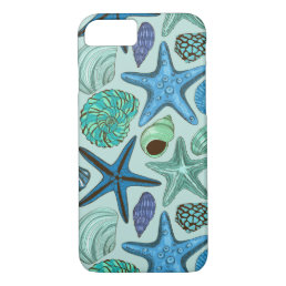 Shades Of Blue Seashells And Starfish Pattern iPhone 8/7 Case