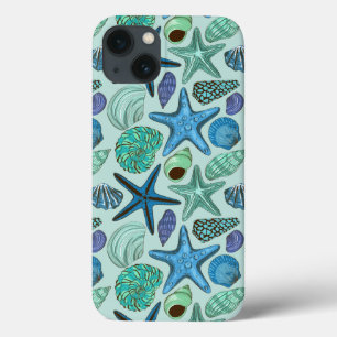 Shades Of Blue Seashells And Starfish Pattern iPhone 13 Case