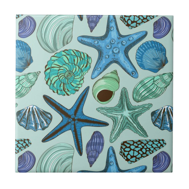 Shades Of Blue Seashells And Starfish Pattern Ceramic Tile (Front)