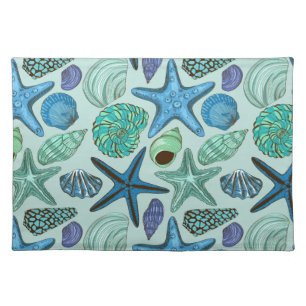 Shades Of Blue Seashells And Starfish Pattern Cloth Placemat