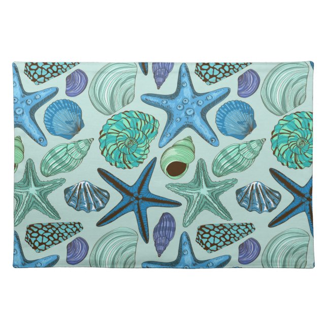 Shades Of Blue Seashells And Starfish Pattern Cloth Placemat (Front)