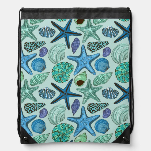Shades Of Blue Seashells And Starfish Pattern Drawstring Bag (Front)