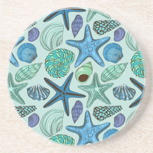Shades Of Blue Seashells And Starfish Pattern Drink Coaster (Front)