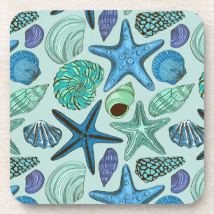 Shades Of Blue Seashells And Starfish Pattern Drink Coaster