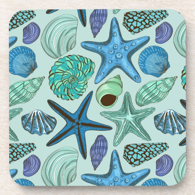 Shades Of Blue Seashells And Starfish Pattern Drink Coaster (Front)