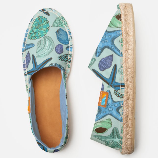 Shades Of Blue Seashells And Starfish Pattern Espadrilles (Side)