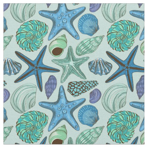 Shades Of Blue Seashells And Starfish Pattern Fabric