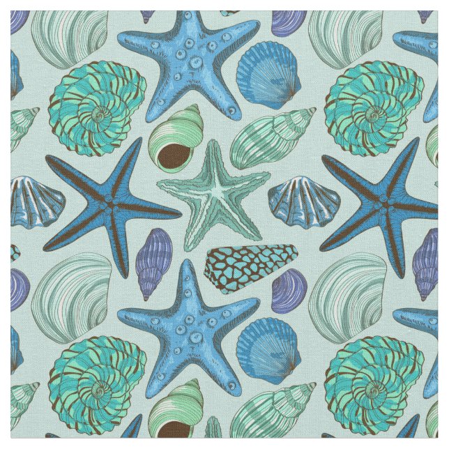 Shades Of Blue Seashells And Starfish Pattern Fabric (Close Up)