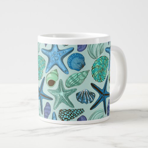 Shades Of Blue Seashells And Starfish Pattern Giant Coffee Mug