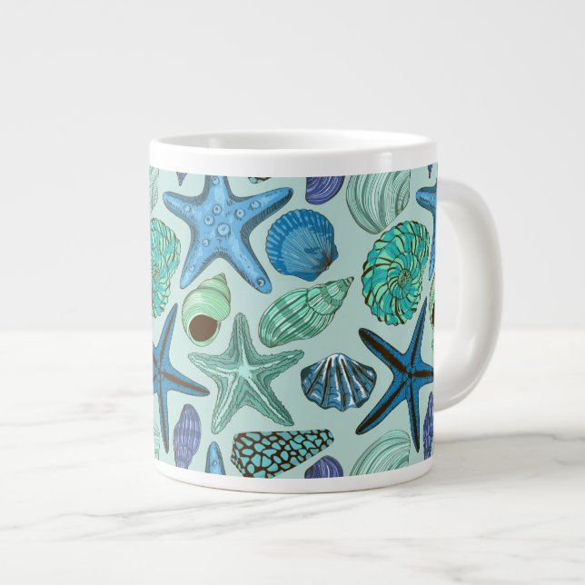Shades Of Blue Seashells And Starfish Pattern Giant Coffee Mug (Front Right)