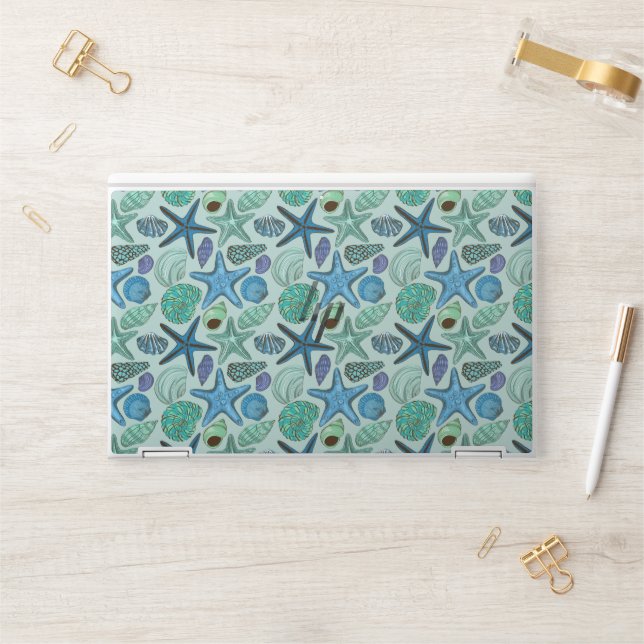 Shades Of Blue Seashells And Starfish Pattern HP Laptop Skin (Desk)