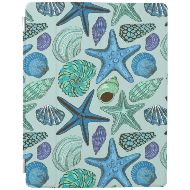 Shades Of Blue Seashells And Starfish Pattern iPad Smart Cover (Front)
